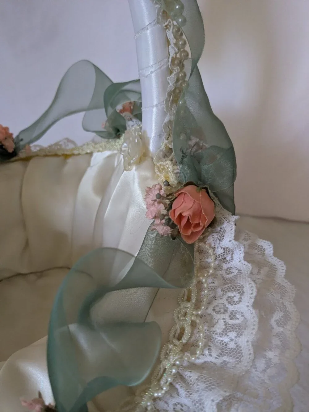 Handmade Lace Pearls Roses & Satin Wedding Baby Cheer Gift Basket